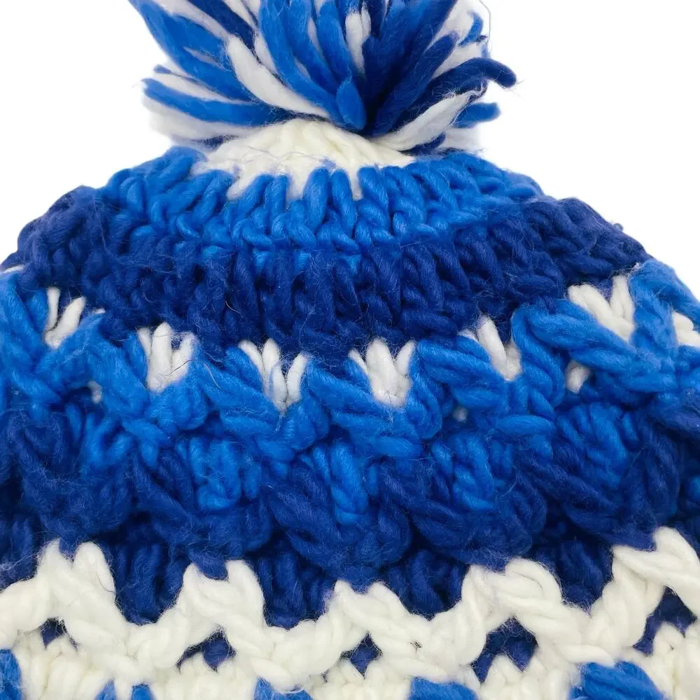 LL Bean Kids Medium Beanie Hat Blue Purple Knit Pom Fleece Lined Winter Ski Cap